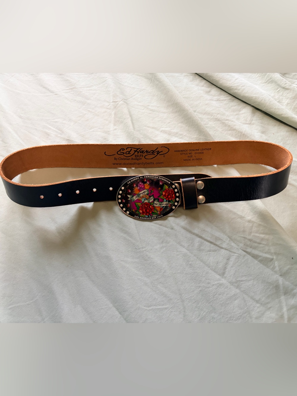 Ed Hardy by Christian Audigier Y2K Black Leather Belt with Floral Oval Buckle